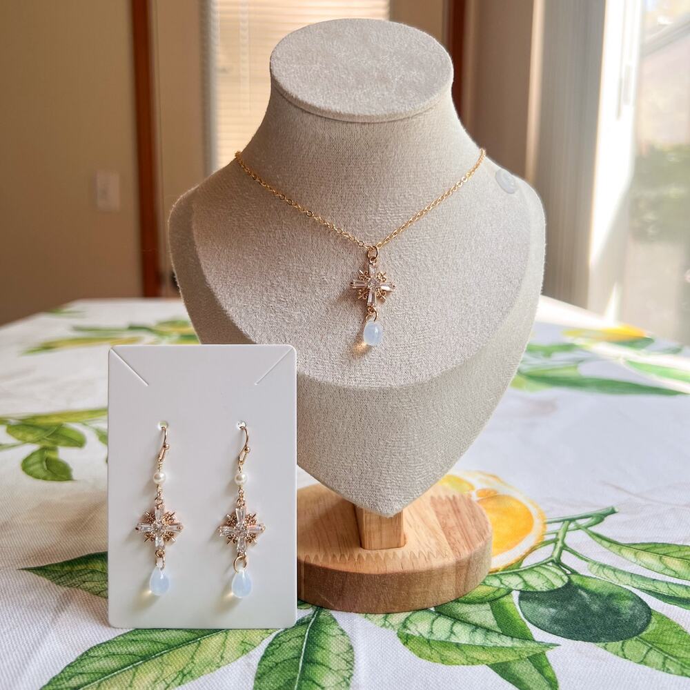 Jewelry Set White Opal Czech Glass Cross Shape Freshwater Pearl Western Casual